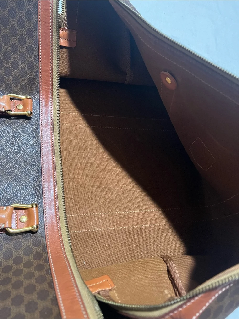 Classic Celine Brown Leather-Trim Travel Duffel Bag